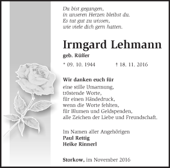 Traueranzeige von Irmgard Lehmann von Märkische Oderzeitung