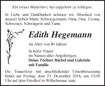 Traueranzeige von Edith Hegemann von Märkische Oderzeitung