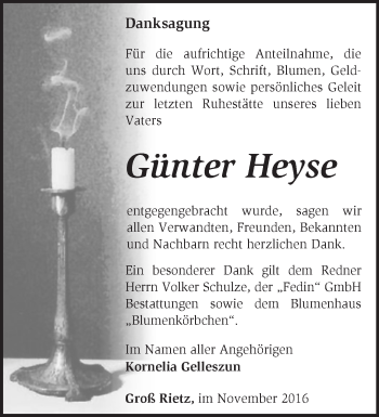 Traueranzeige von Günter Heyse von Märkische Oderzeitung