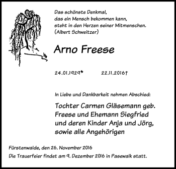 Traueranzeige von Arno Freese von Märkische Oderzeitung