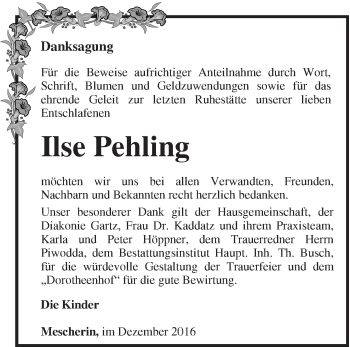 Traueranzeige von Ilse Pehling von Märkische Oderzeitung