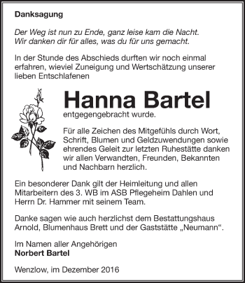 Traueranzeige von Hanna Bartel von Märkische Oderzeitung