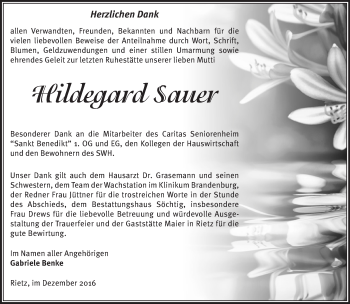 Traueranzeige von Hildegard Sauer von Märkische Oderzeitung