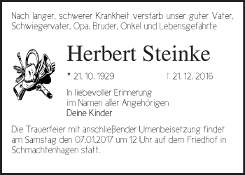 Traueranzeige von Herbert Steinke von Märkische Oderzeitung