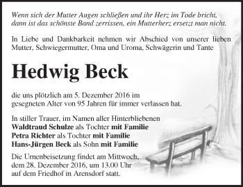 Traueranzeige von Hedwig Beck von Märkische Oderzeitung