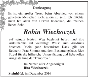 Traueranzeige von Robin Wiechoczek von Märkische Oderzeitung