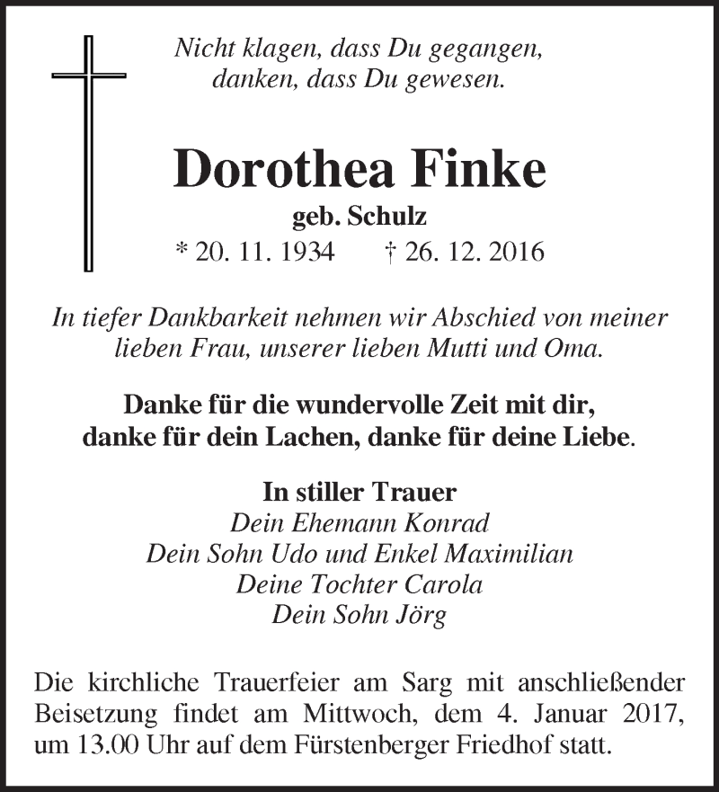  Traueranzeige für Dorothea Finke vom 31.12.2016 aus Märkische Oderzeitung