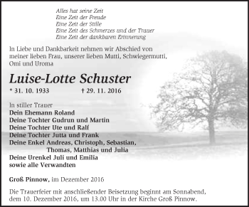 Traueranzeige von Luise-Lotte Schuster von Märkische Oderzeitung