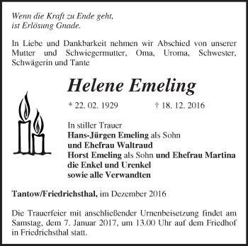 Traueranzeige von Helene Emeling von Märkische Oderzeitung