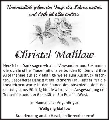 Traueranzeige von Christel Mahlow von Märkische Oderzeitung