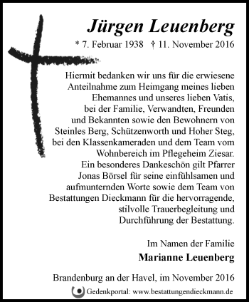 Traueranzeige von Jürgen Leuenberg von Märkische Oderzeitung