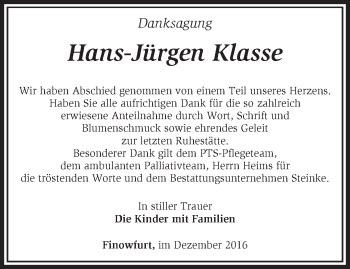 Traueranzeige von Hans-Jürgen Klasse von Märkische Oderzeitung