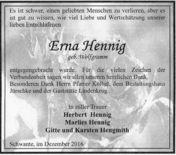 Traueranzeige von Erna Hennig von Märkische Oderzeitung