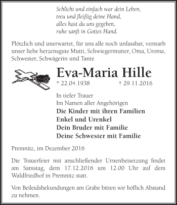 Traueranzeige von Eva-Maria Hille von Märkische Oderzeitung