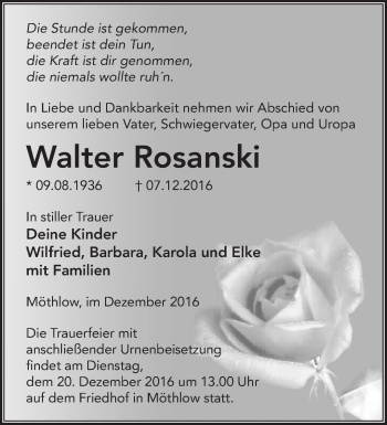 Traueranzeige von Walter Rosanski von Märkische Oderzeitung