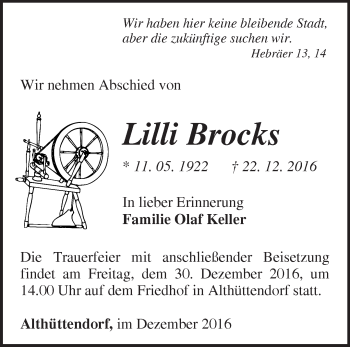 Traueranzeige von Lilli Brocks von Märkische Oderzeitung