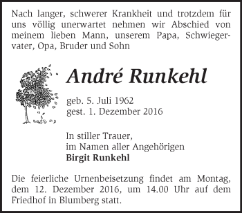 Traueranzeige von André Runkehl von Märkische Oderzeitung