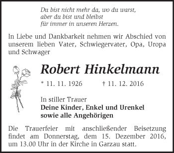 Traueranzeige von Robert Hinkelmann von Märkische Oderzeitung