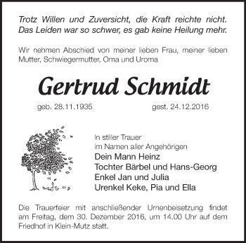 Traueranzeige von Gertrud Schmidt von Märkische Oderzeitung