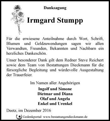 Traueranzeige von Irmgard Stumpp von Märkische Oderzeitung