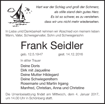 Traueranzeige von Frank Seidler von Märkische Oderzeitung