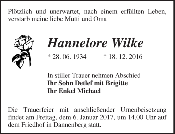 Traueranzeige von Hannelore Wilke von Märkische Oderzeitung