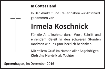 Traueranzeige von Irmela Koschnick von Märkische Oderzeitung