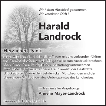 Traueranzeige von Harald Landrock von Märkische Oderzeitung