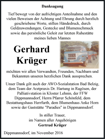 Traueranzeige von Gerhard Krüger von Märkische Oderzeitung