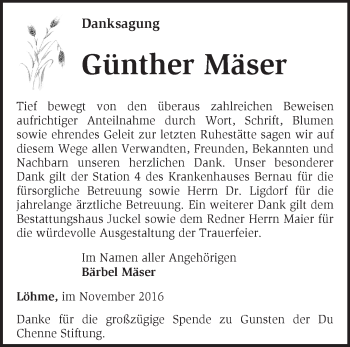 Traueranzeige von Günther Mäser von Märkische Oderzeitung