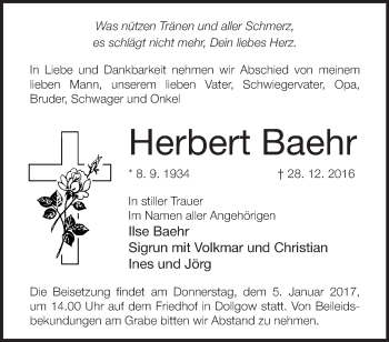 Traueranzeige von Herbert Baehr von Märkische Oderzeitung