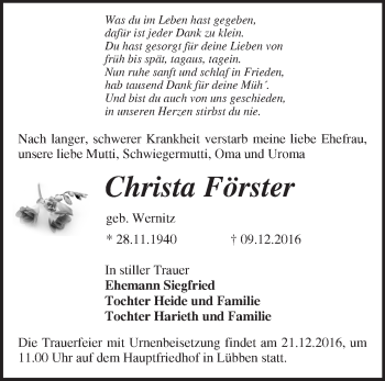 Traueranzeige von Christa Förster von Märkische Oderzeitung