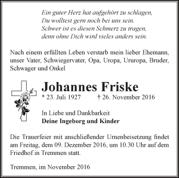 Traueranzeige von Johannes Friske von Märkische Oderzeitung