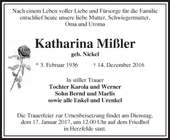 Traueranzeige von Katharina Mißler von Märkische Oderzeitung