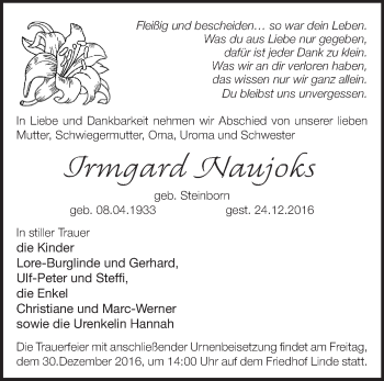 Traueranzeige von Irmgard Naujoks von Märkische Oderzeitung