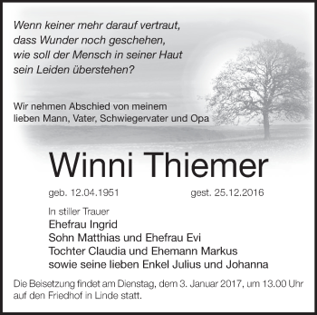 Traueranzeige von Winni Thiemer von Märkische Oderzeitung