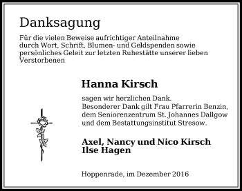 Traueranzeige von Hanna Kirsch von Märkische Oderzeitung