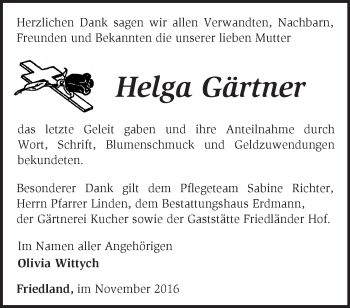 Traueranzeige von Helga Gärtner von Märkische Oderzeitung