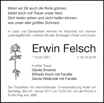 Traueranzeige von Erwin Felsch von Märkische Oderzeitung