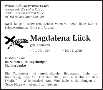 Traueranzeige von Magdalena Lück von Märkische Oderzeitung