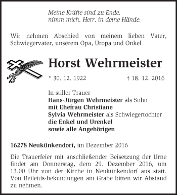 Traueranzeige von Horst Wehrmeister von Märkische Oderzeitung