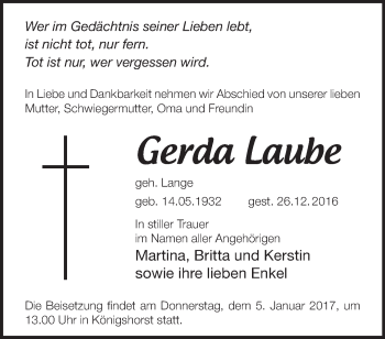 Traueranzeige von Gerda Laube von Märkische Oderzeitung