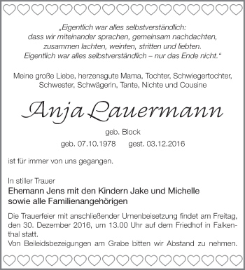 Traueranzeige von Anja Lauermann von Märkische Oderzeitung