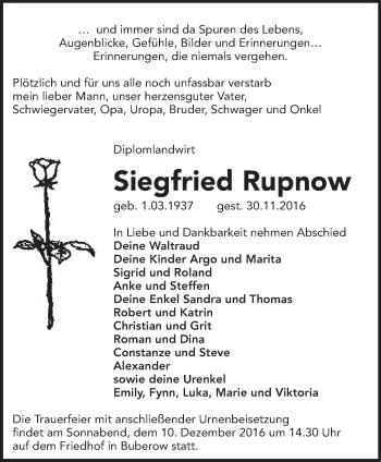 Traueranzeige von Siegfried Rupnow von Märkische Oderzeitung