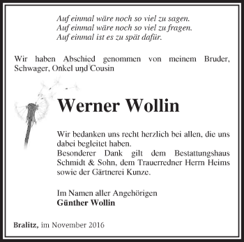 Traueranzeige von Werner Wollin von Märkische Oderzeitung