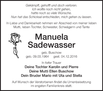 Traueranzeige von Manuela Sadewasser von Märkische Oderzeitung