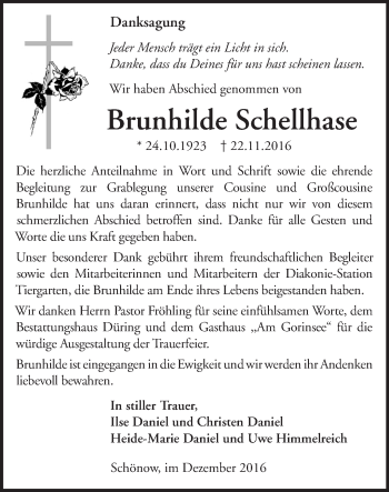 Traueranzeige von Brunhilde Schellhase von Märkische Oderzeitung