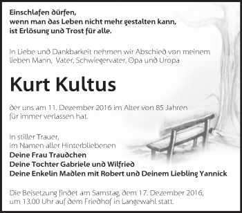 Traueranzeige von Kurt Kultus von Märkische Oderzeitung