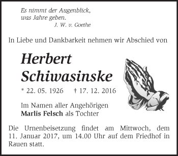 Traueranzeige von Herbert Schiwasinske von Märkische Oderzeitung