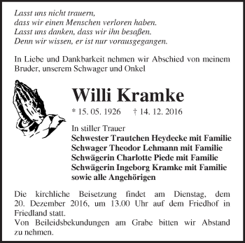 Traueranzeige von Willi Kramke von Märkische Oderzeitung